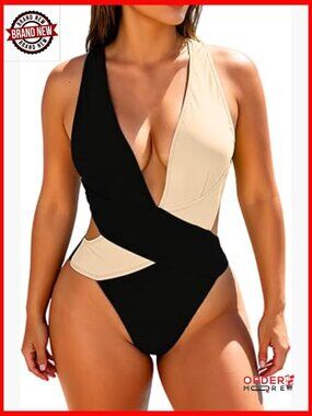 Sexy Plunge Backless Color Block One Piece Swimsuit High Cut Scrunch Monokini